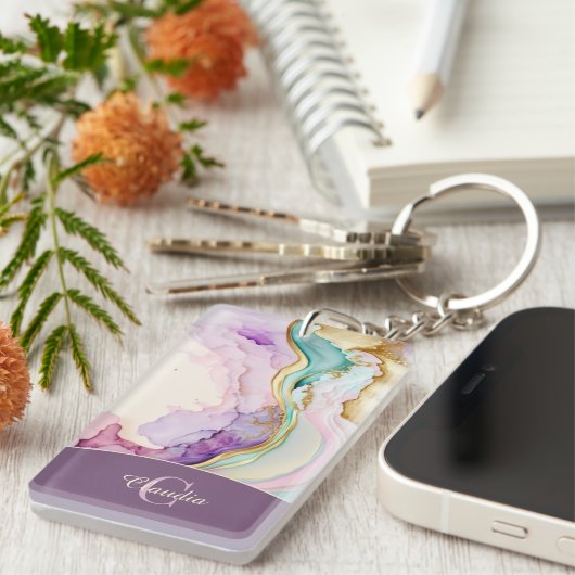 Elegante Monogramm-Marmor-Flüssigtinte Schlüsselanhänger (Vorderseite rechts)
