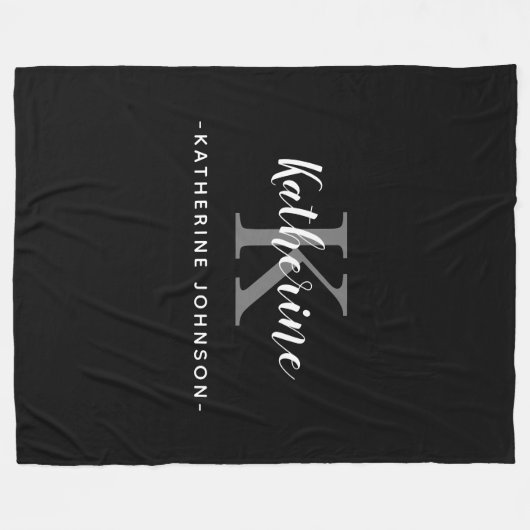 Elegante Monogramm Name Schwarz-weiß Fleece Blanke (Vorderseite (Horizontal))