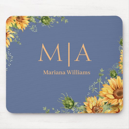 elegante Monogramm Name Sonnenblumen orange blau Mousepad (Vorne)