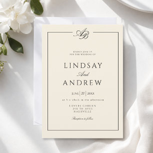 Elegante Monogramm-Rand Elfenbein-Hochzeit Einladung