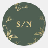 Elegante monogramm schick moderne goldgrüne Hochze Runder Aufkleber (Vorderseite)