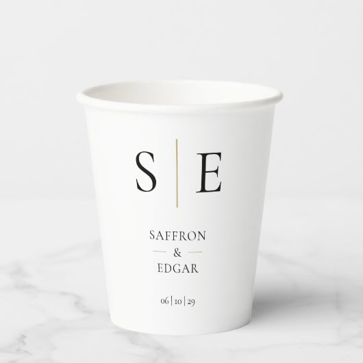 Elegante Monogramm Schwarz-Gold-Hochzeit Pappbecher (Vorderseite)
