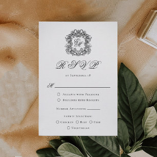 Elegante Monogramm-Wappen-Hochzeitsmenü-Optionen RSVP Karte