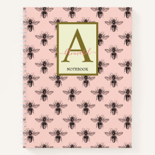 Elegante, monogrammatierte, hellrosa Biene gemuste Notizblock