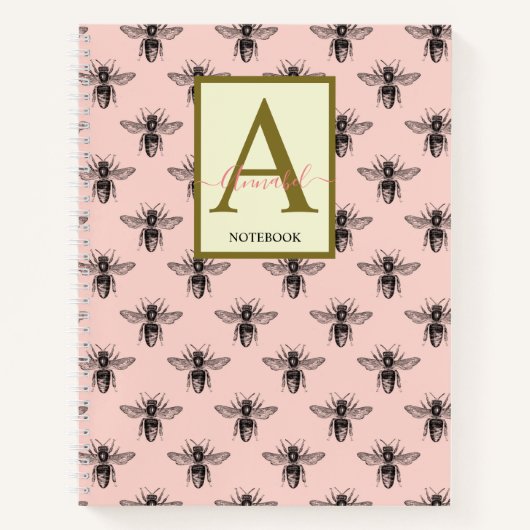 Elegante, monogrammatierte, hellrosa Biene gemuste Notizblock (Vorderseite)