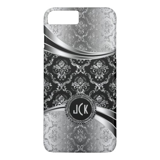 Elegante monogrammatische Black & Silver Floral Da Case-Mate iPhone Hülle (Rückseite)