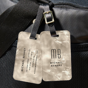 Elegante monogrammierte Elfenbein-Beige-Perlen-Tex Gepäckanhänger