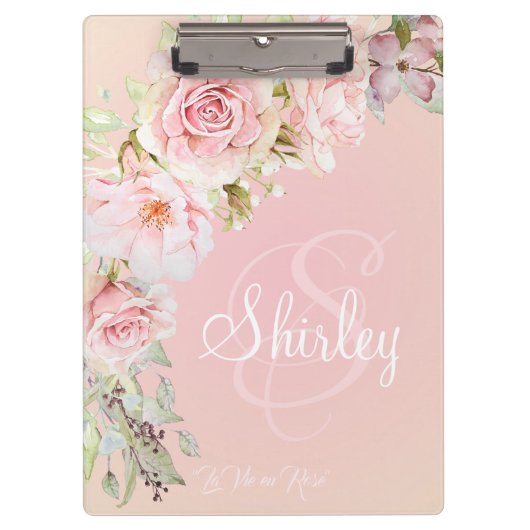 Elegante monogrammierte Rose in Rosa Wasserfarbe Klemmbrett (Vorderseite)