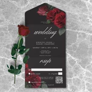 Elegante Moody Bloodrote Rosen Hochzeit QR-Code All In One Einladung