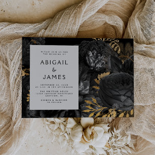Elegante Moody Dark Floral Black Gold Wedding Einladung