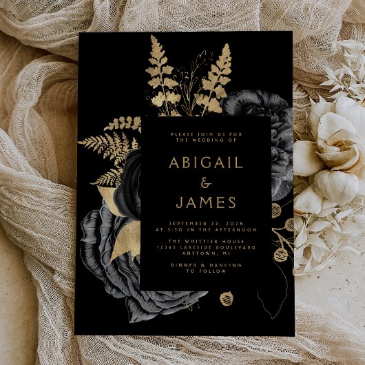 Elegante Moody Dark Floral Black Gold Wedding Einladung