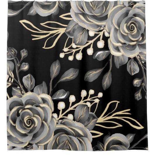 Elegante Moody Gray Floral Gold Schwarze Wasserfar Duschvorhang (Vorderseite)