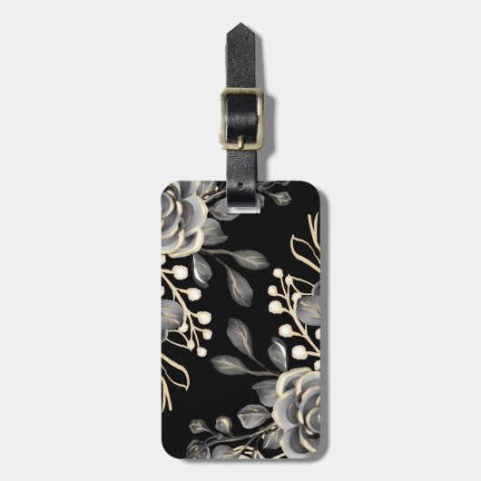 Elegante Moody Gray Floral Gold Schwarze Wasserfar Gepäckanhänger (Vorderseite vertikal)
