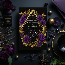 Elegante Moody Lila & Gold Gothic Wedding Einladung