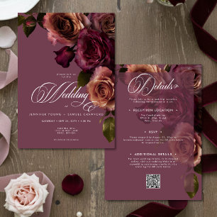 Elegante Moody Rust Burgunder Blumen QR-Code Hochz Einladung