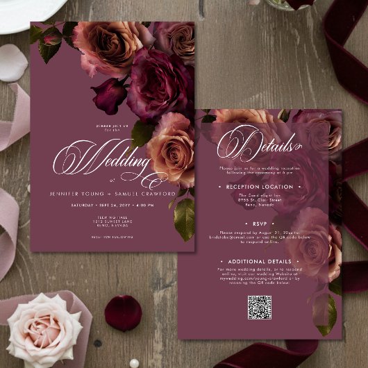 Elegante Moody Rust Burgunder Blumen QR-Code Hochz Einladung