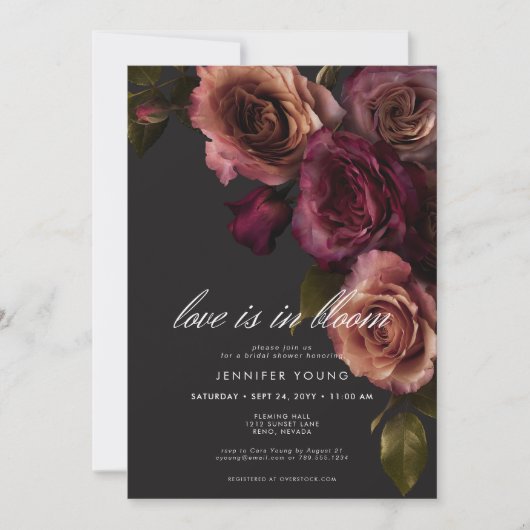 Elegante Moody Rust Burgundy Liebe in Blütendusche Einladung (Vorderseite)