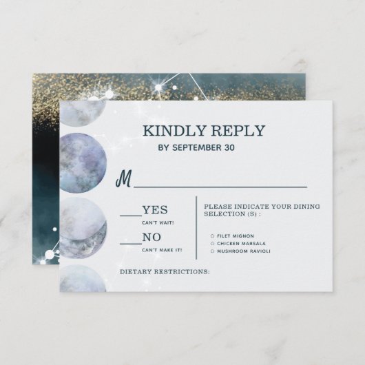 Elegante Moon Blue Gold Stars Hochzeit RSVP Karte (Vorne/Hinten)