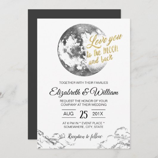 Elegante Moon Gold Typografie Crescent Wedding Einladung (Vorne/Hinten)