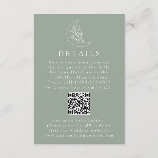 Elegante Moon Sage Green Wedding Details QR Code Begleitkarte (Vorderseite)