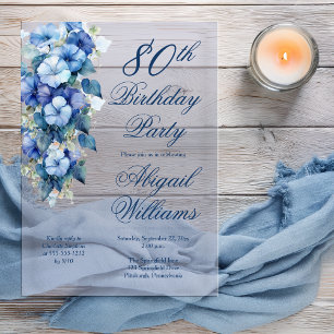 Elegante Morgenlorbeer Blaue Blumen zum 80. Geburt Acryleinladungen
