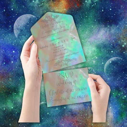 Elegante Mother-of-Pearl Green Wedding All In One Einladung