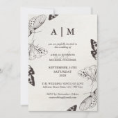 Elegante Moths Monogram Wedding Einladung (Vorderseite)