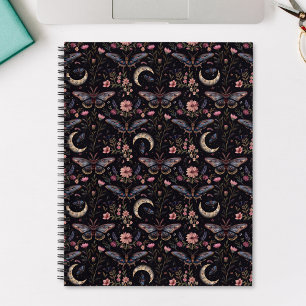 Elegante Motten Blumen und Monde Mystisches Muster Notizblock