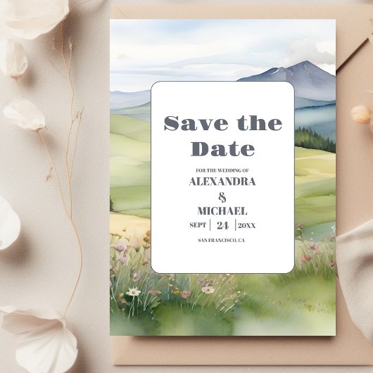 Elegante Mountain Meadow Wedding Save The Date