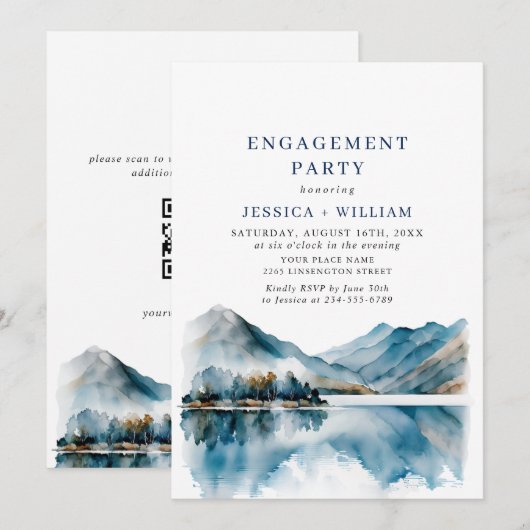 Elegante Mountains Forest Engagement Party QR Code Einladung (Vorne/Hinten)