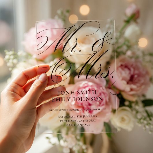Elegante Mr & Mr Script Kalligrafie Acryleinladungen