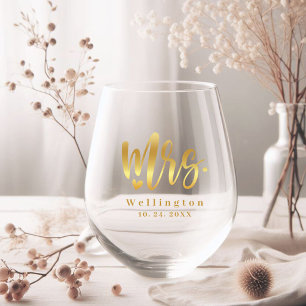 Elegante Mrs. Gold Kalligrafie Herz Hochzeit Weinglas Ohne Stiel