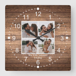 elegante mrs & mr 4 Fotos Collage rustikale Hochze Quadratische Wanduhr