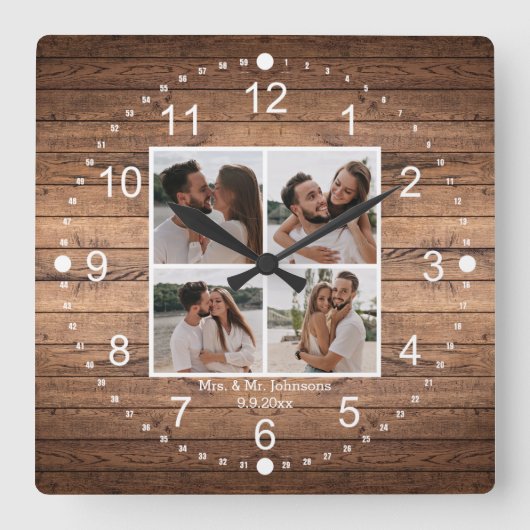 elegante mrs & mr 4 Fotos Collage rustikale Hochze Quadratische Wanduhr (Vorderseite)