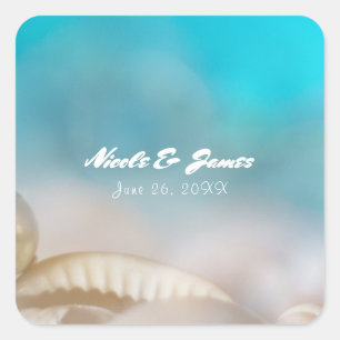 Elegante Muscheln Blue Tropical Beach Hochzeit Quadratischer Aufkleber