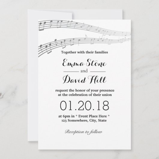 Elegante Musiknoten Musikhochzeit Einladung (Vorderseite)