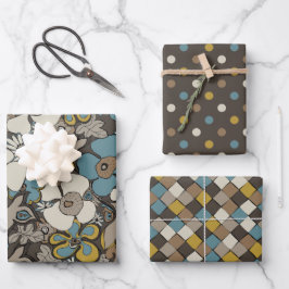 Elegante Muster Blau Braun Senf Beige  Geschenkpapier Set