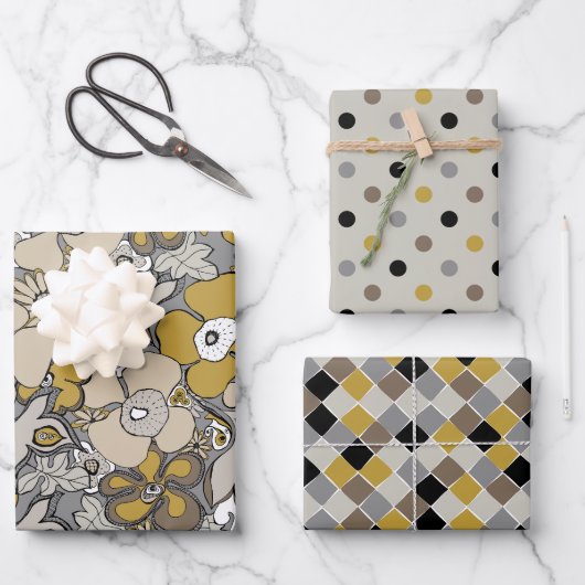 Elegante Muster Senfgelb Beige Graubraun Geschenkpapier Set (Vorderseite)