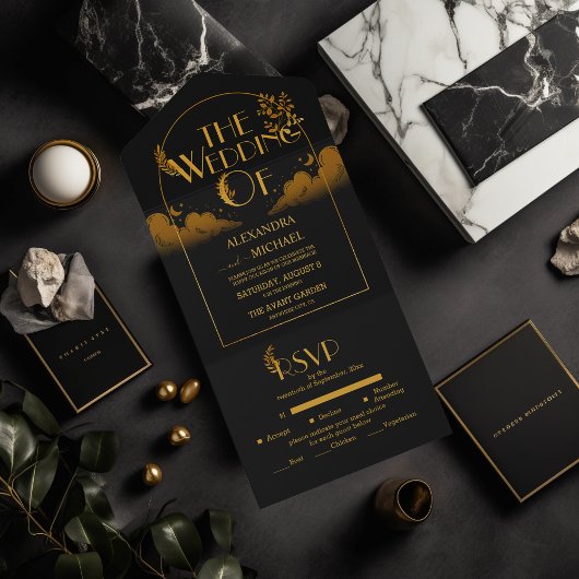 Elegante mystische Black Gold Clouds Moon Wedding All In One Einladung