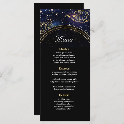 Elegante mystische Himmelshochzeit Menükarte (Vorne/Hinten)