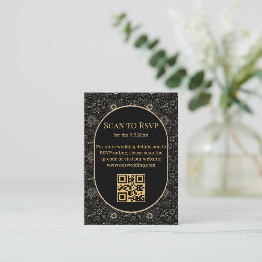 elegante mystische Hochzeit rsvp qr Code schwarz g Begleitkarte (Stehend Vorderseite)