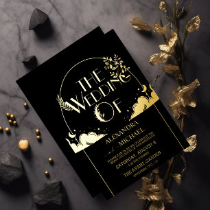 Elegante Mystische Schwarze Goldwolken Mond Hochze Folieneinladung