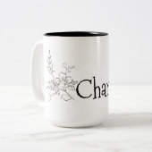 Elegante Name Blume Zeile Schwarz-weiß Zweifarbige Tasse (Vorderseite Links)