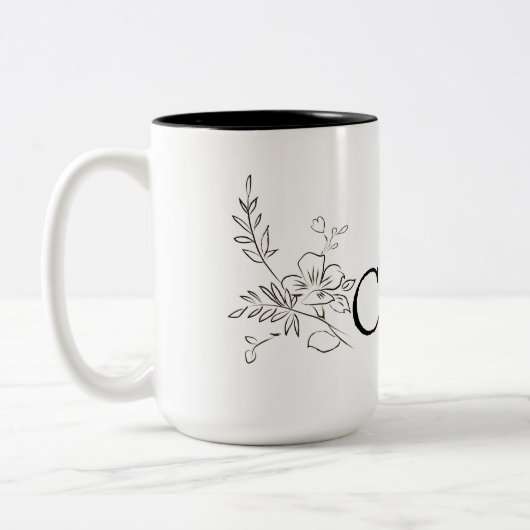Elegante Name Blume Zeile Schwarz-weiß Zweifarbige Tasse (Links)