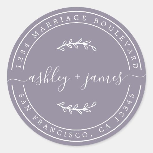 Elegante Namen Ash Lila Hochzeitsstimmung Rücksend Runder Aufkleber (Vorderseite)