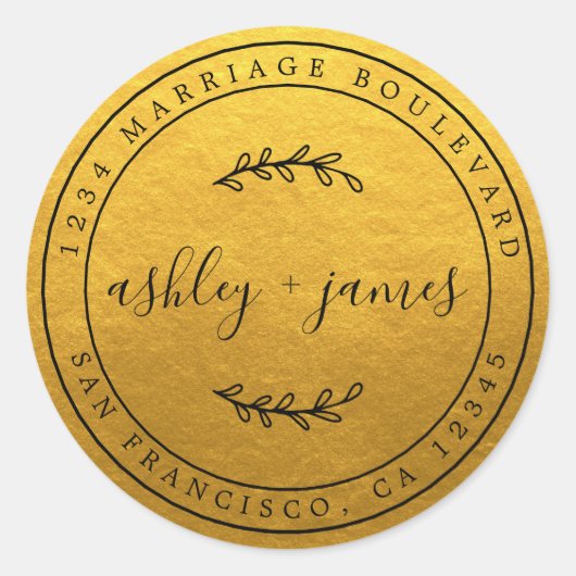 Elegante Namen Gold Wedding Rücksendeadresse Runder Aufkleber (Vorderseite)