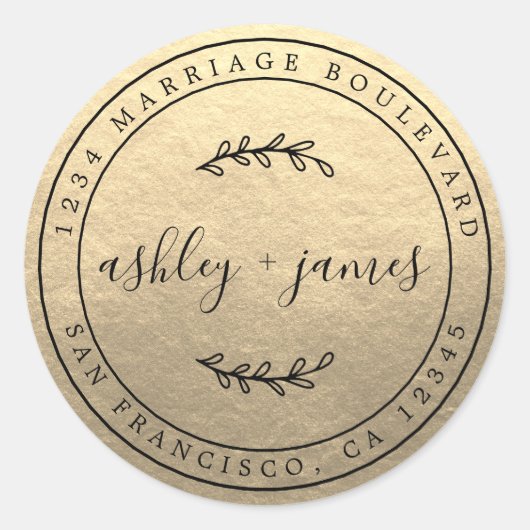 Elegante Namen Gold Wedding Rücksendeadresse Runder Aufkleber (Vorderseite)