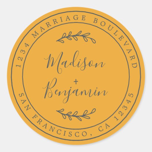Elegante Namen Mellow Yellow Wedding Rücksendeadre Runder Aufkleber (Vorderseite)