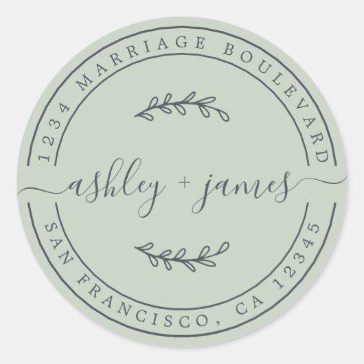 Elegante Namen Pastel Green Wedding Rücksendeadres Runder Aufkleber (Vorderseite)