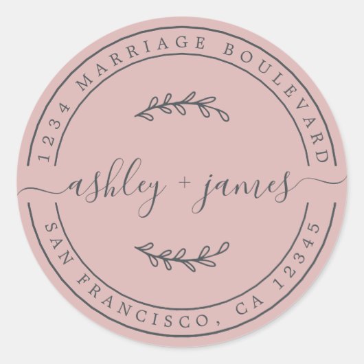 Elegante Namen Silver Pink Wedding Rücksendeadress Runder Aufkleber (Vorderseite)
